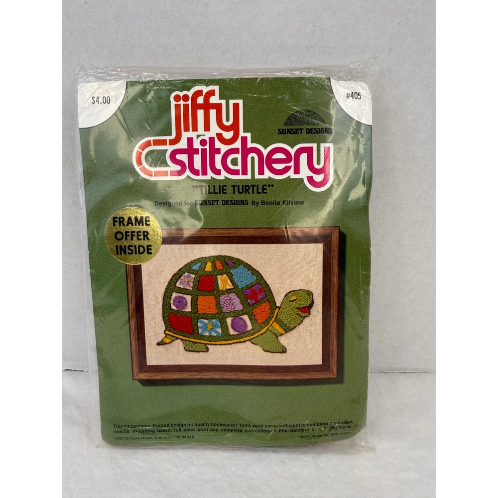 Sunset Designs Jiffy Stitchery Tillie Turtle Crewel Kit 405‎ Bonita Klivans 1980